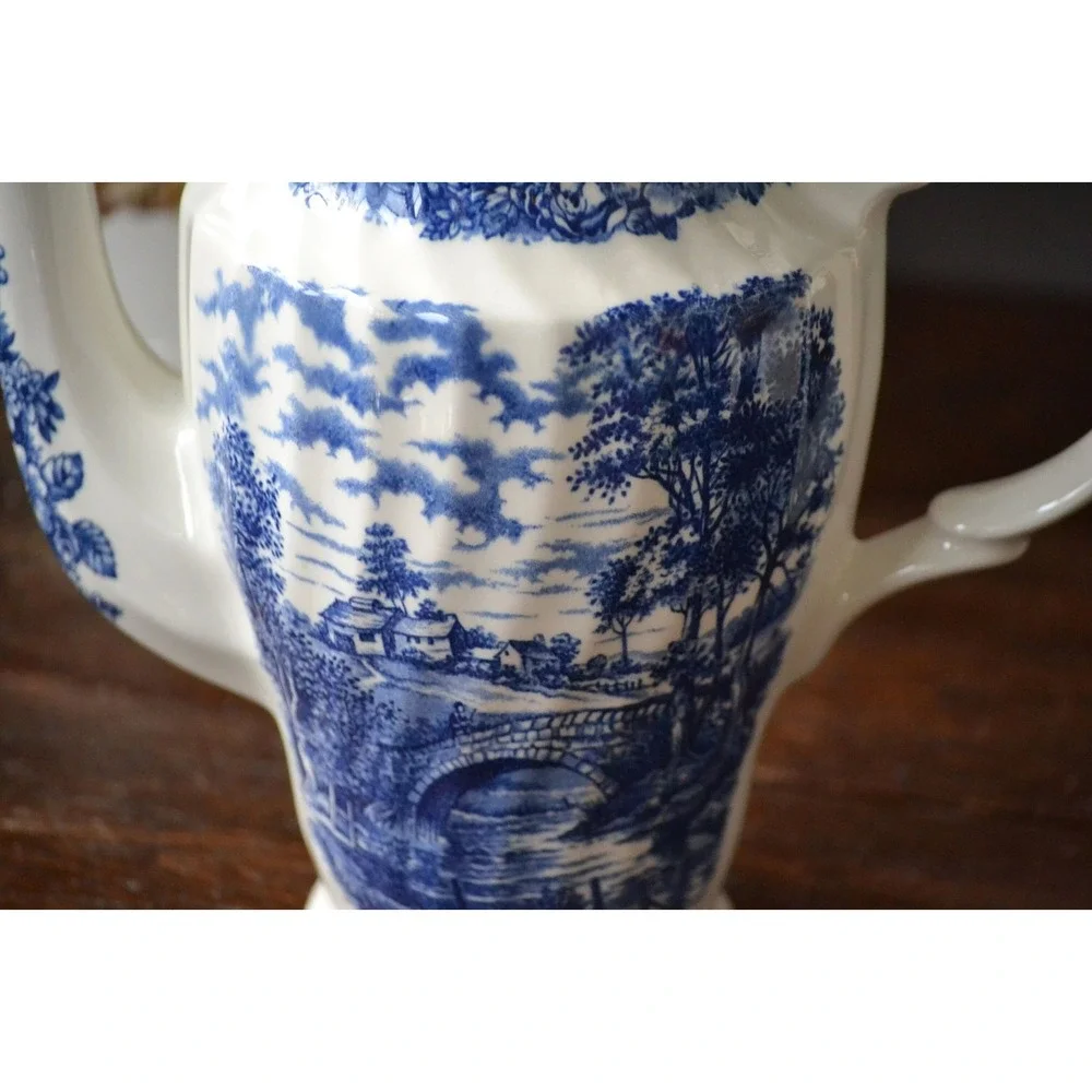 British Anchor Ironstone Coffee pot Memory Lane Blue Transferware‎ countryside